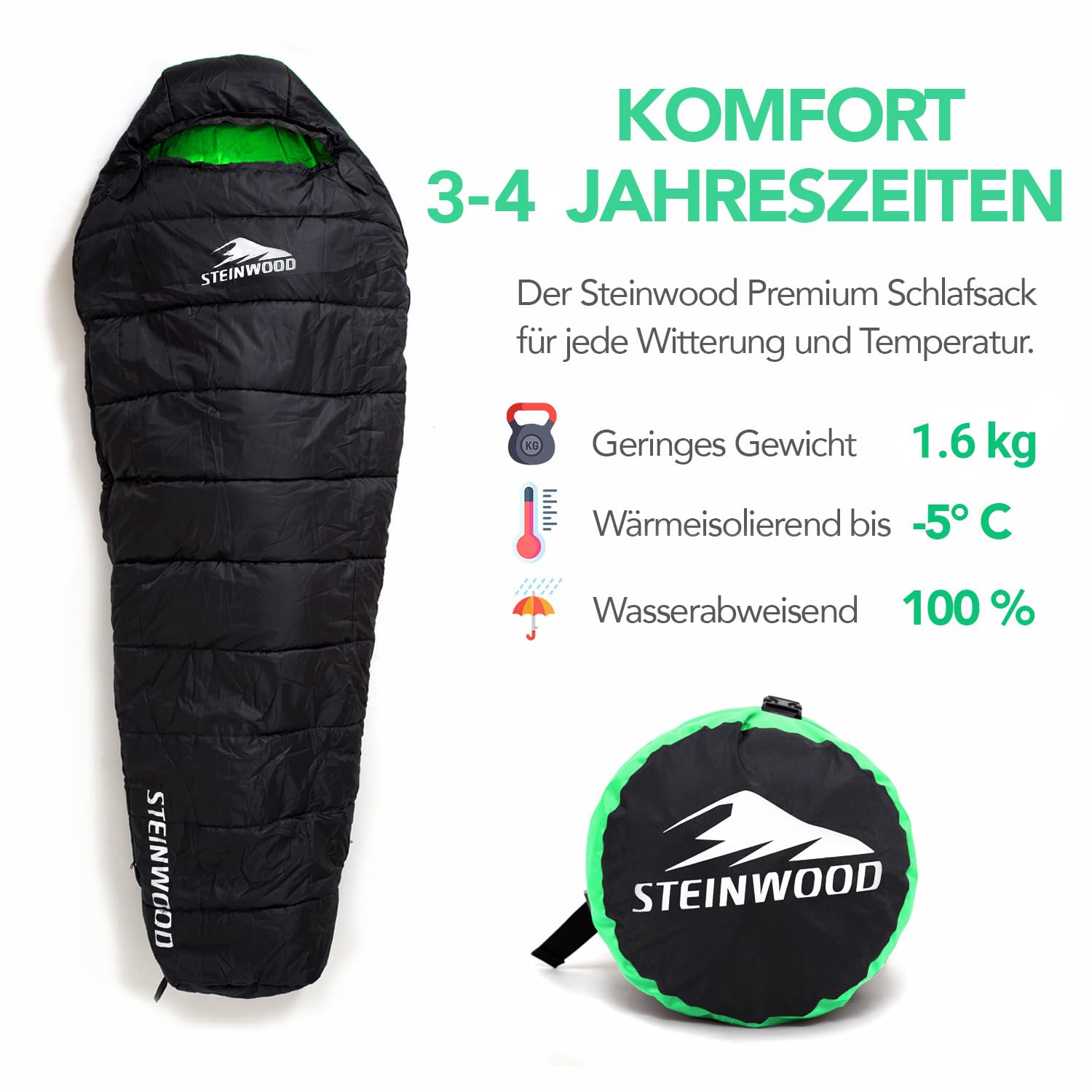 Steinwood Premium Schlafsack koppelbar extra breit 3-4 Season 210cm - Outdoor-Schlafsack, Mumien-Schlafsack, Hütten-Schlafsack