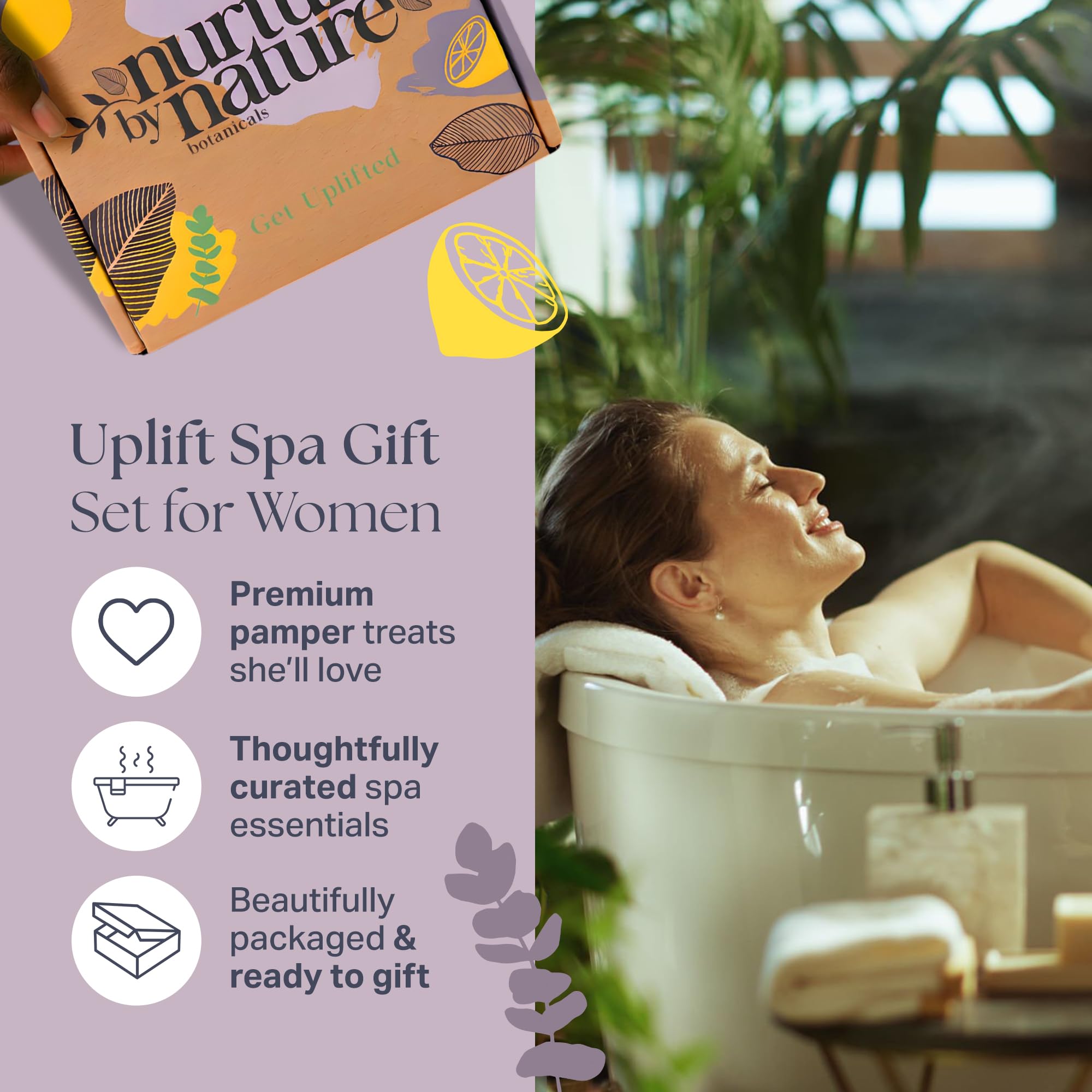 Nurture by Nature RELAX & UPLIFT Spa Kit for Women – Birthday Gifts for Women – 6 Piece Gift Basket with Hand Soap, Body Scrub, Hand Cream & More - Vegan Self Care Kit - Relaxation Gifts for Her
