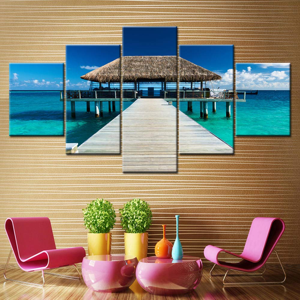 Stampa su Tela 5Pcs Tela Pittura Mare Country House Paesaggio Estivo Arte della Parete Pittura Modulare Sfondi Stampa Poster Decorazione della Casa Canvas Mare Fiori Musica