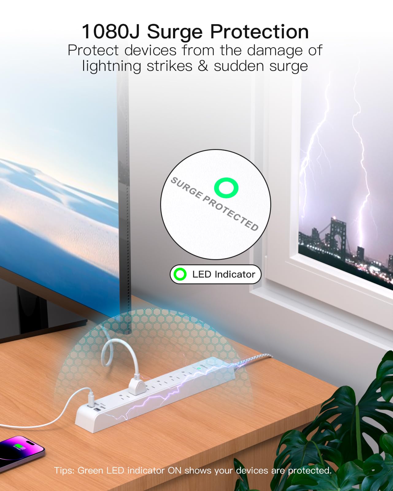 Tira de alimentación protectora contra sobretensiones de 10 pies con 4 puertos USB, 2 enchufes USB-C 6 CA, cable de extensión de enchufe plano, estación de carga USB, montaje en pared para el hogar,