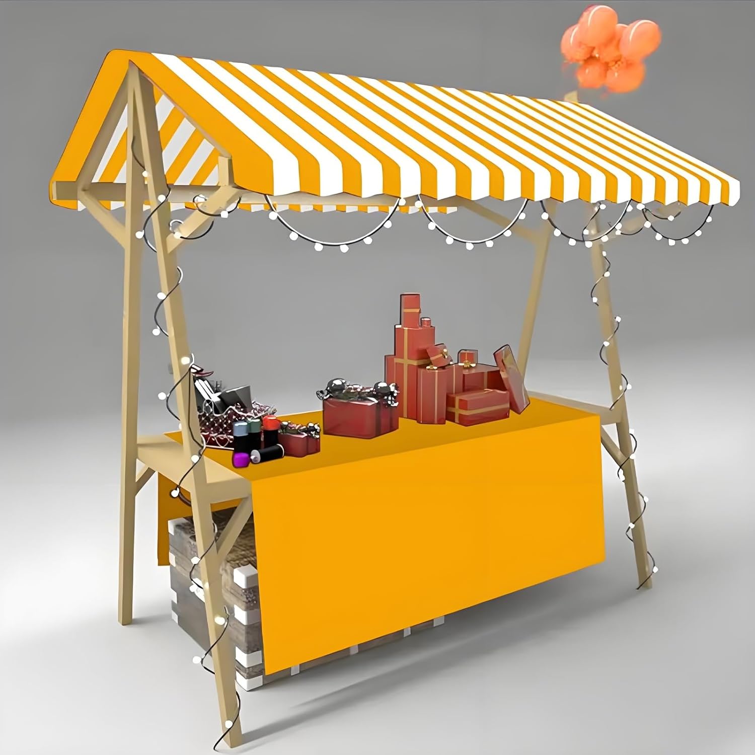 Movable Stall Wood Display Stand, Vending with Striped Canopy, Outdoor Vendor Cart Lightweight, for Market Stall Carts Food Events & Festivals(Yellow,120cm/47.2in)