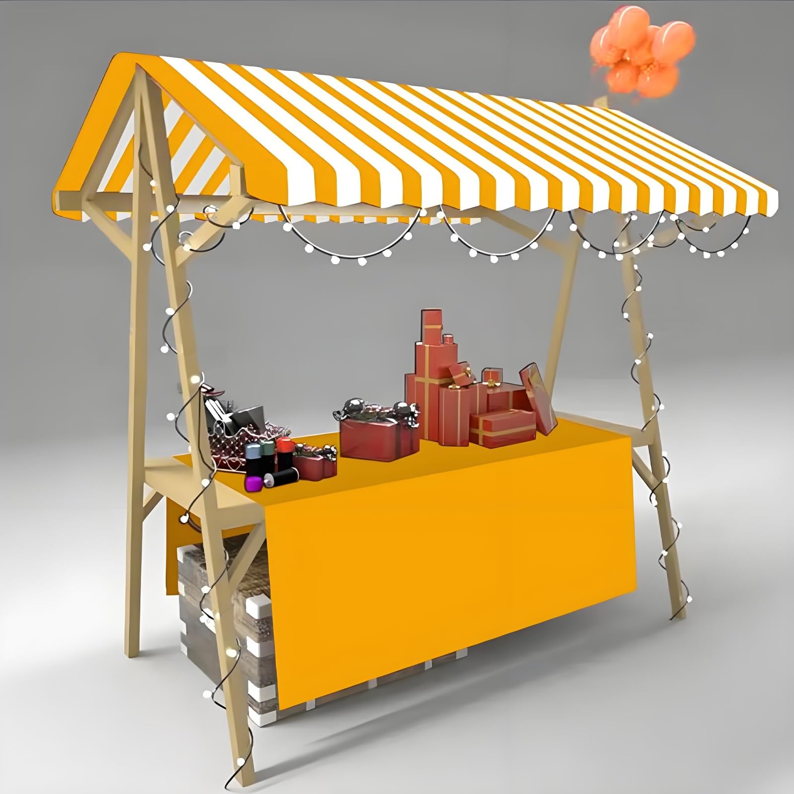 Carrello portatile in legno con baldacchino a righe, display esterno leggero per mercati, festival alimentari ed eventi, 120 cm / 47.2in, giallo