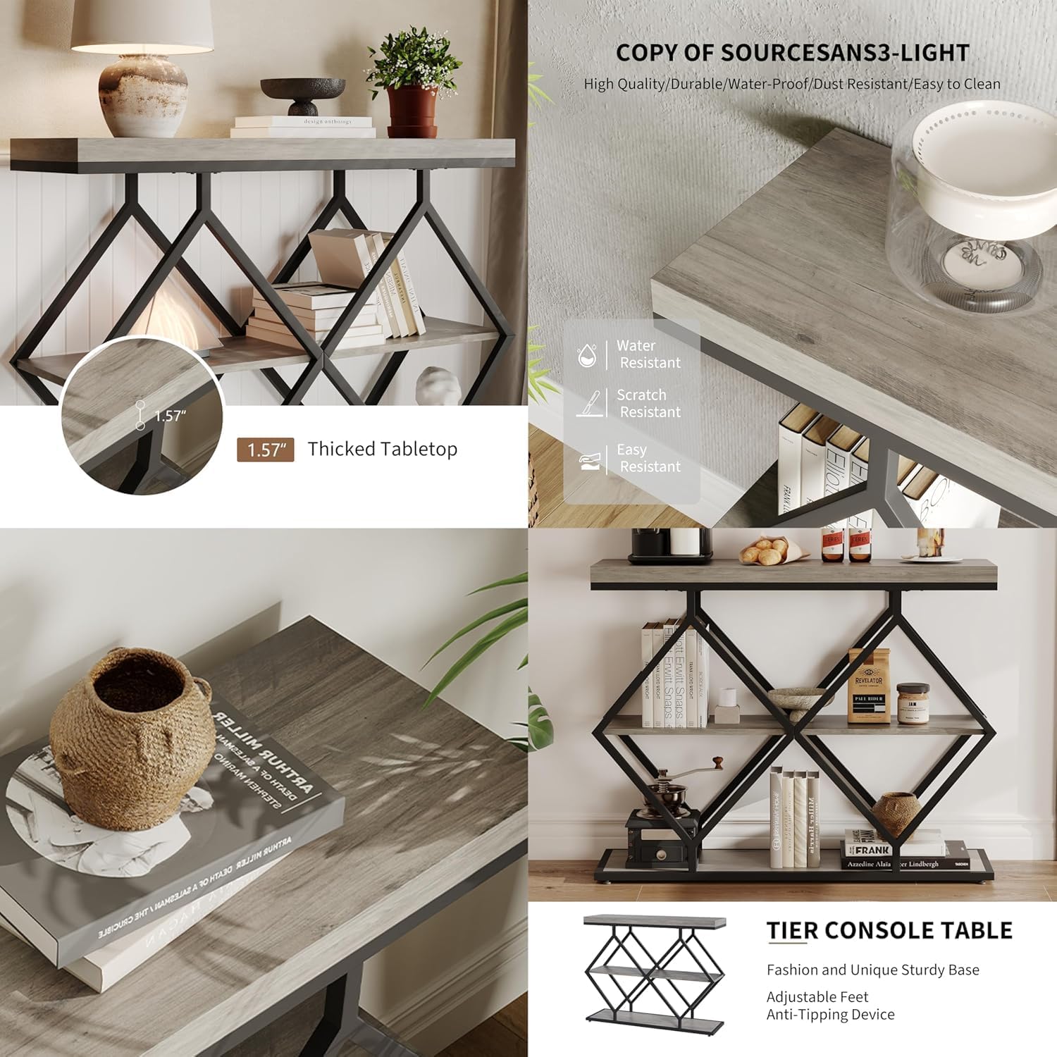 3-Tier Entryway Table, Narrow Console Table with Open Shelves, Modern Sofa Tables with Storage & Diamond-Shaped Metal Frame, Accent Tables for Entryway, Hallway, Gray