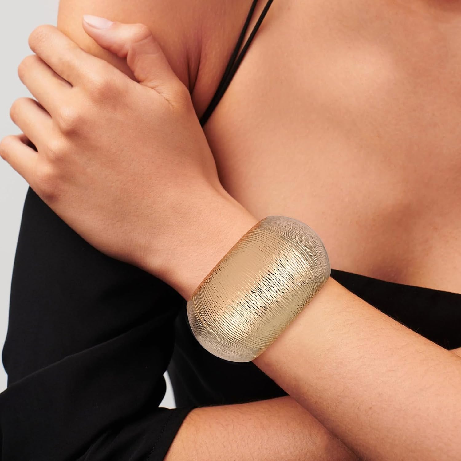 HZMAN 18K Gold Plated Wide Cuff Bracelet for Women - Premium Alloy Shiny Polished Double Layer Statement Bangle, Trendy Daily Wear Party Jewelry Accessory - Image 2