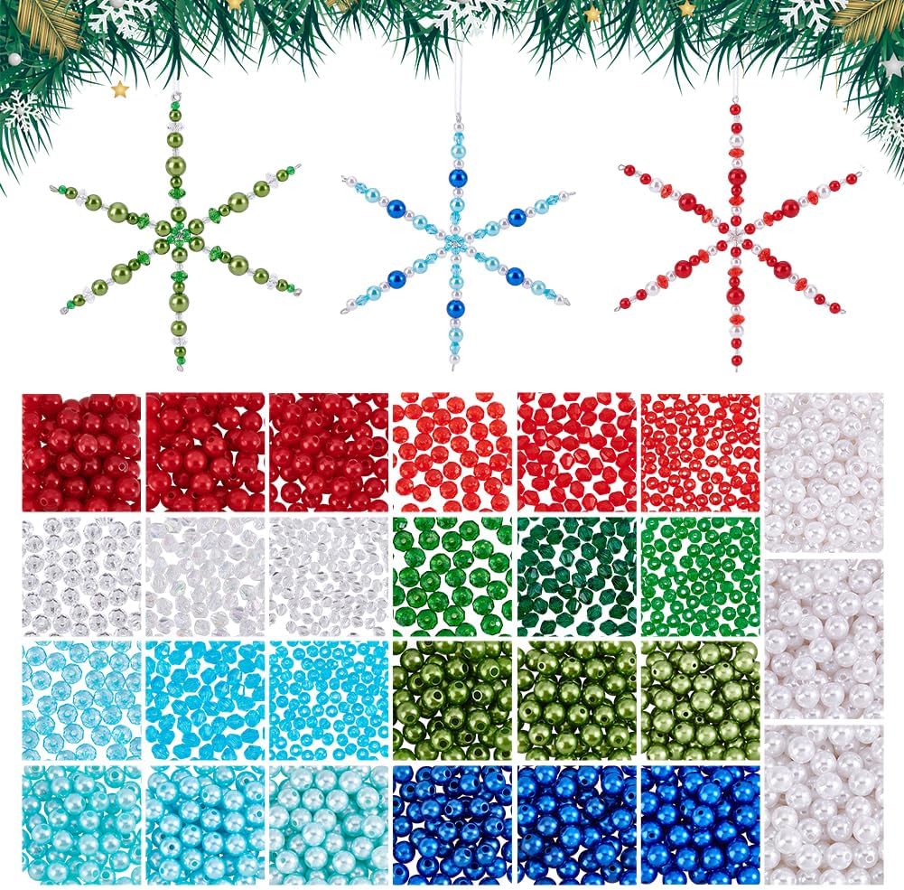PH PandaHall Christmas Snowflake Wires Bead Kit, Snowflake Beads Ornament Set Metal Snowflake Wire with Pearl Acrylic Beads for Holiday Crafts Christmas Tree Wreaths DIY Craft Decoration