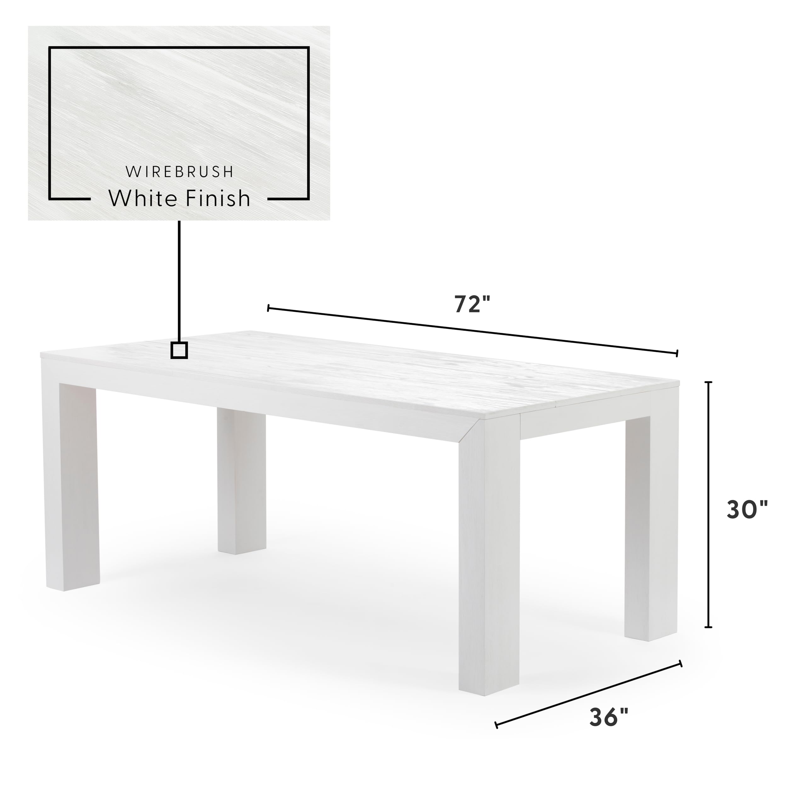 Plank+Beam Modern Dining Table, 72 Inch, White Wirebrush | Non-Toxic Finishes, Versatile Design, Easy Assembly, Quick Setup, Solid Wood