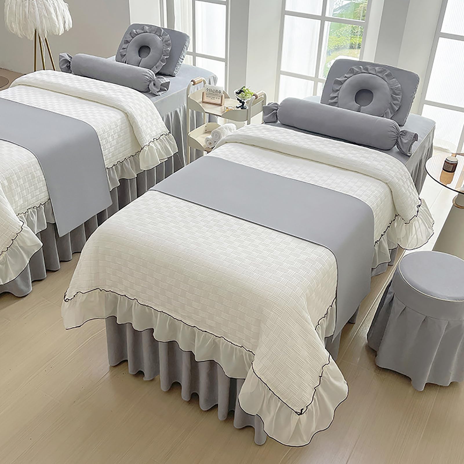 Narzuta i spódnica do salonu, pokrowiec na łóżko do masażu kosmetycznego z otworami, 4-częściowy zestaw pościeli do stołu do masażu spa,White5,70x190cm(28x75inch)