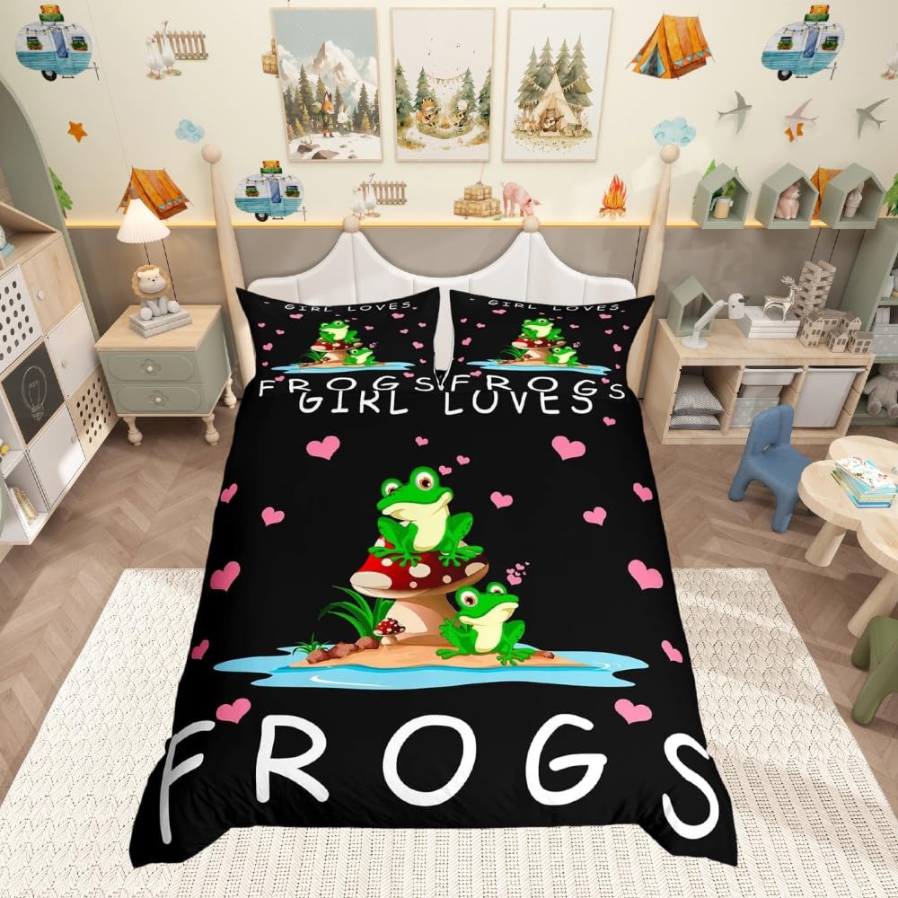 Homemissing Cute Frog Bedding Set Cartoon Frog Mushroom Double Size Comforter Cover for Kids Boys Girls Teens 3D Animals Forgs Duvet Cover Breathable Quilt Cover Black