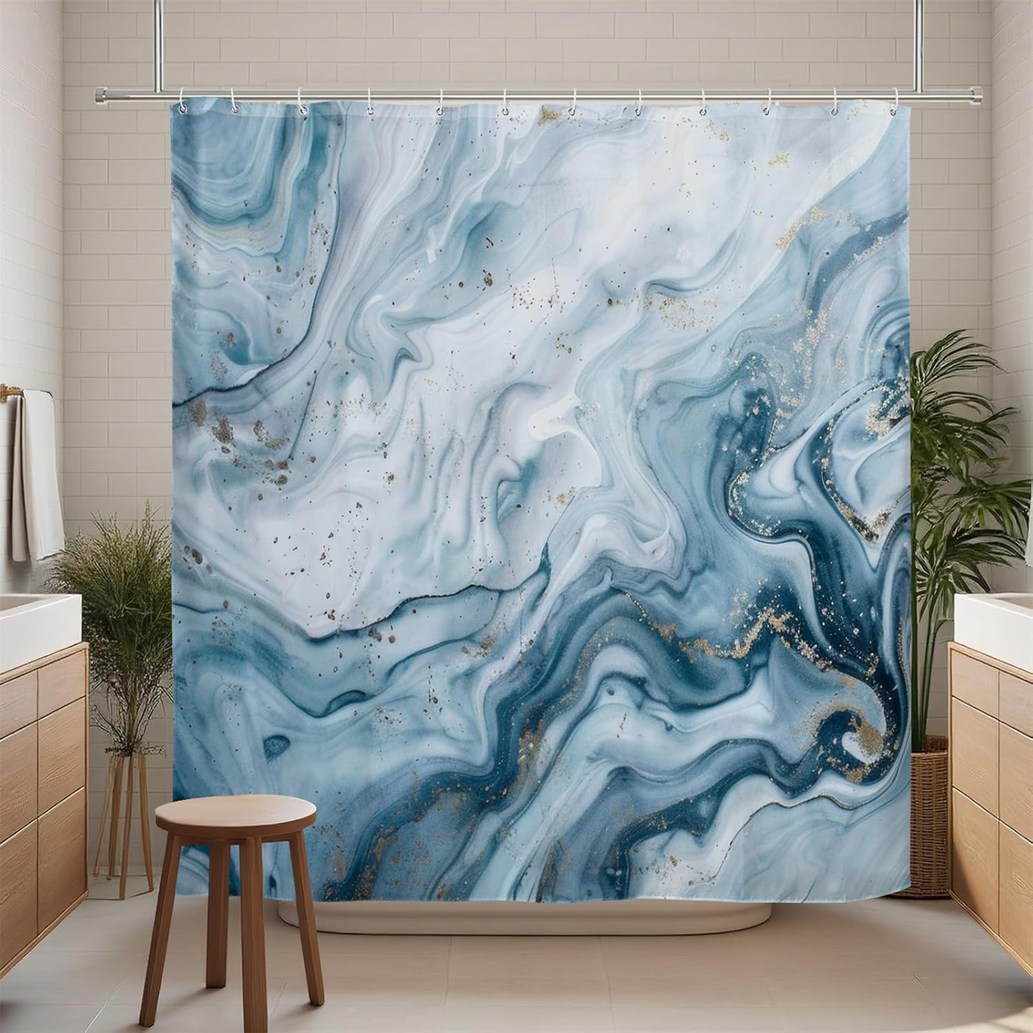 Renaiss Blue Marble Shower Curtain Modern Abstract Blue White Ombre Luxury Art Bathroom Shower Curtain Glitter Waterproof Shower Curtains Set with Hooks Pretty Bathtub Decor 72" W x 72" L