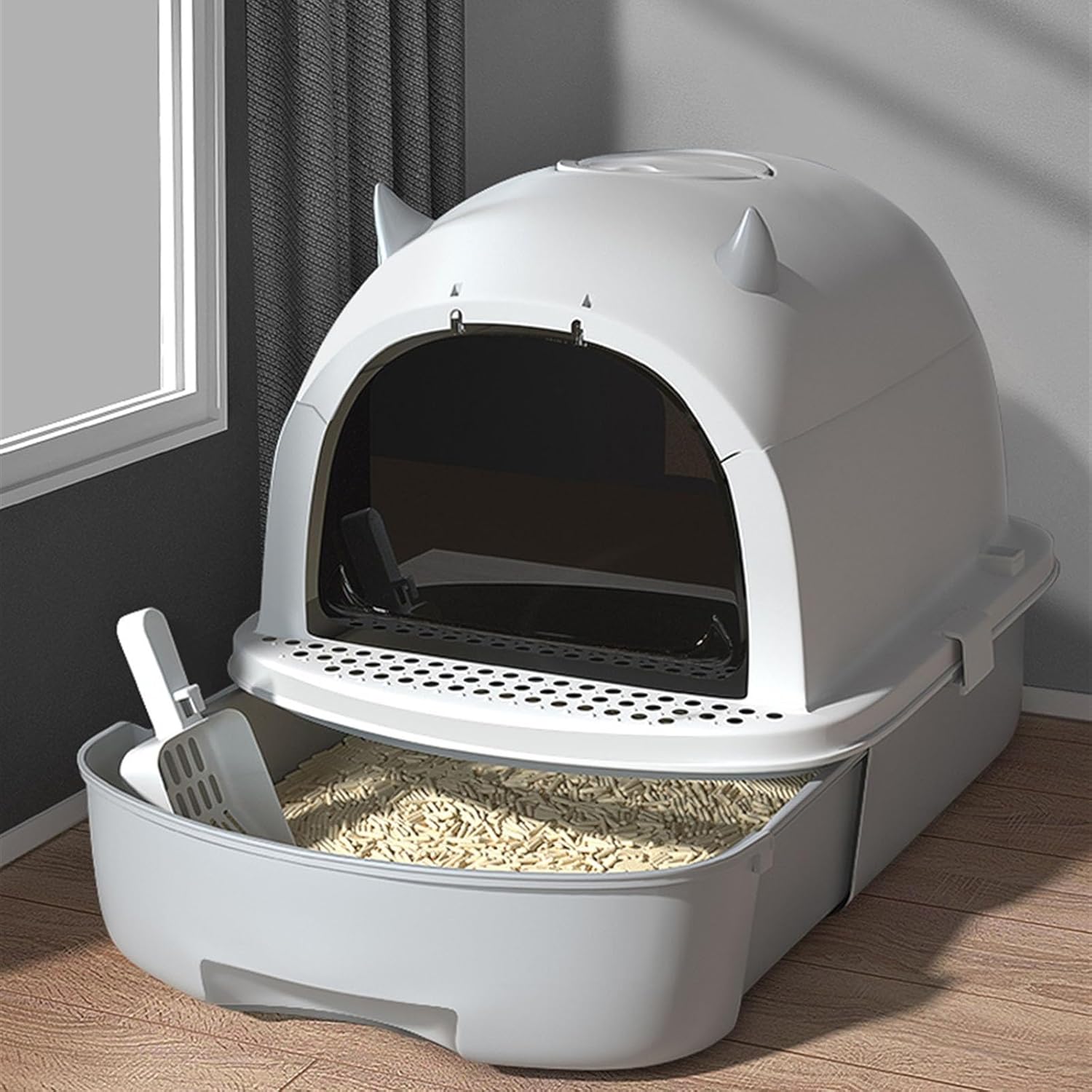 Litterbox Enclosed Kitty Litter Box with Scoop, Large Litter Box, Top Entry Anti-Splashing, Free in& Out Covered Kitty Litter Box, Anti- Splashing Easy Clean Cat Litter Tray(Gris)