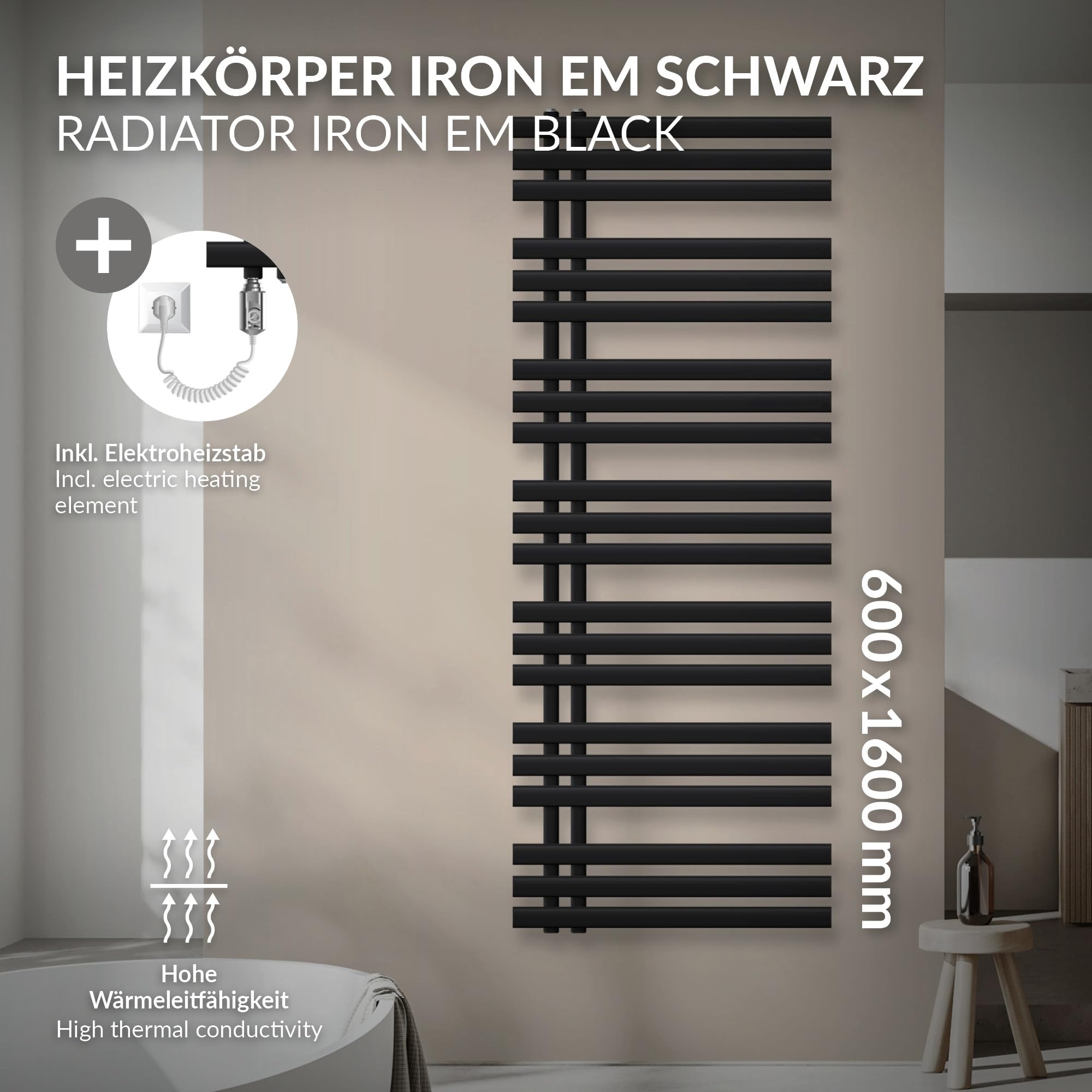 LuxeBath Elektrischer Badheizkörper Iron EM 600 x 1600 mm Schwarz matt inkl. Heizstab Chrom 900W mit Thermostat einfach, Handtuchheizkörper mit Heizpatrone, Elektro Handtuchwärmer Paneelheizkörper
