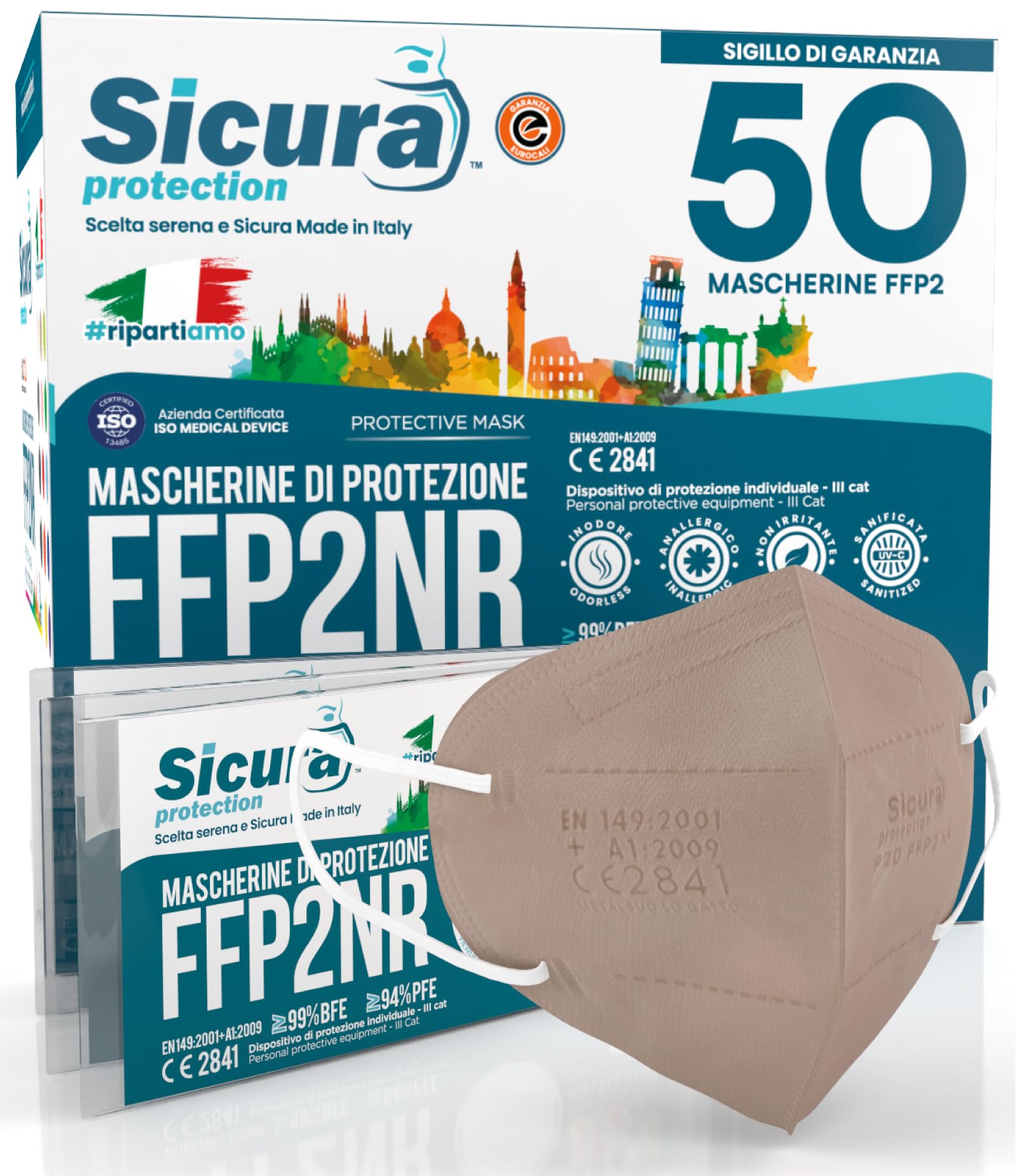 50 mascarillas FFP2 Certificadas CE Logotipo en relieve TORTÓLA SICURA Italia ≥99% Made in Italy Mascarillas FFP2 SANITIZADAS y selladas individualmente