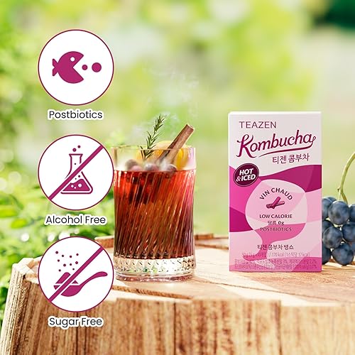 Miniatura 3 de TEAZEN Té de kombucha con sabor a vino Mulled, probióticos vivos y posbióticos, relajación y calor para resfriados y dolor de garganta, sin azúcar,