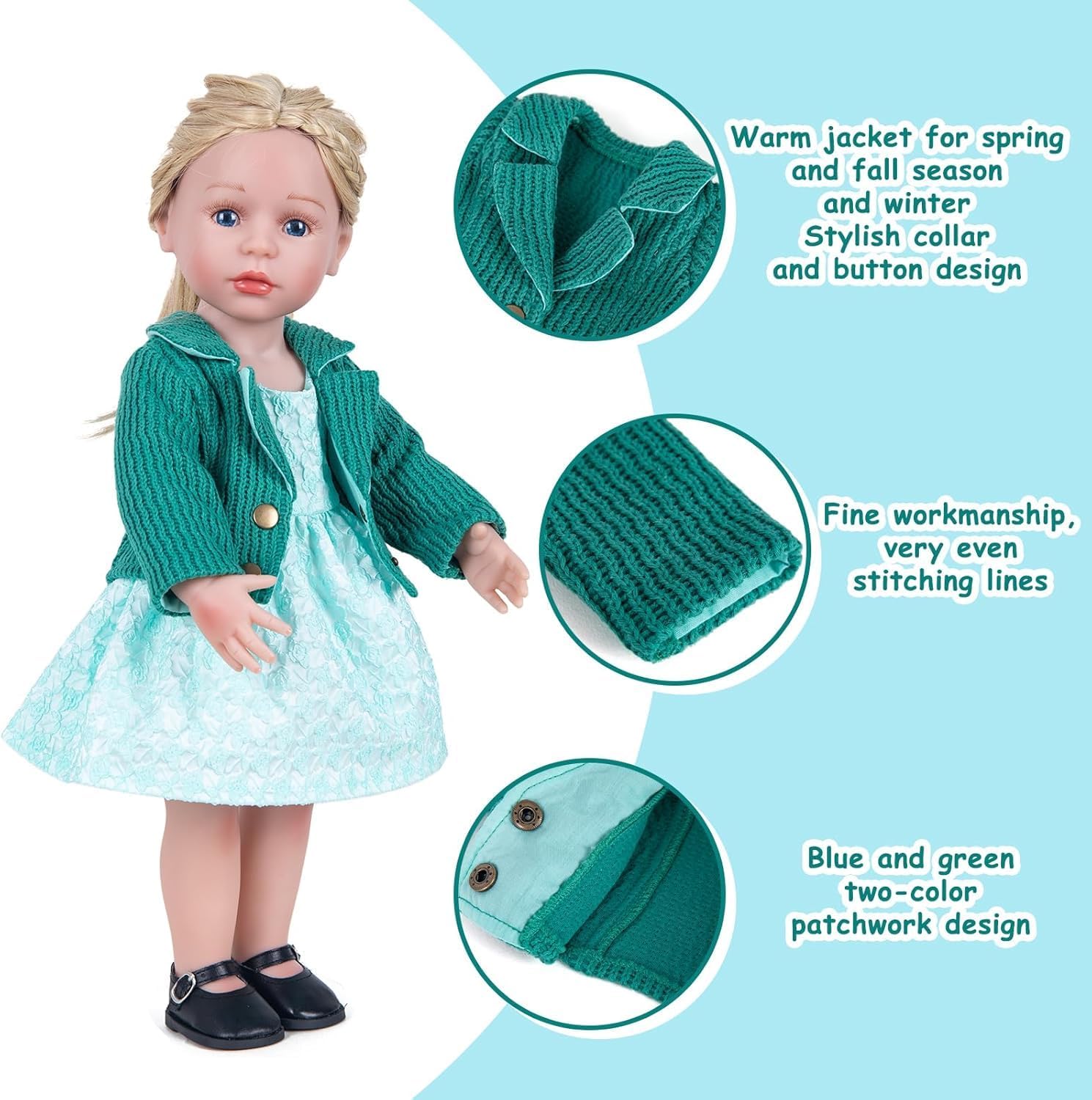 Doll Clothes Accessories 2 Pcs Set, Green Knitted Jacket Coat & Skirt Dress, Fashionable Dress Set for 18" Girl Dolls (Doll & Shoes Not Included)