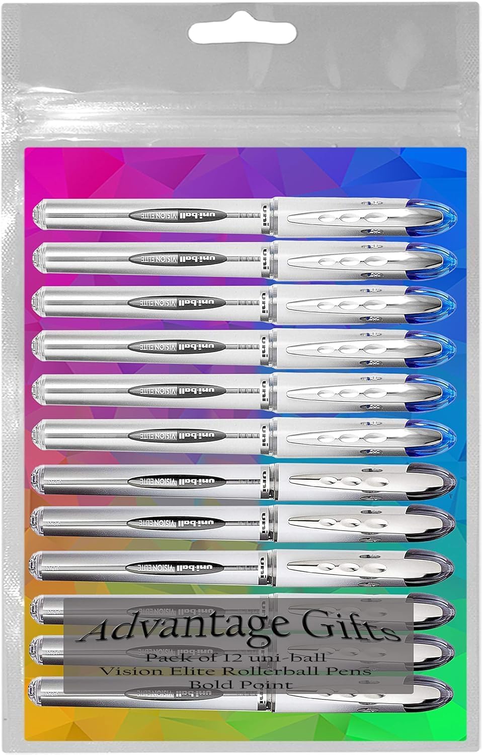 Vision Elite Rollerball Pens, Bold Point (0.8mm), Black/Blue Ink, 12 count, Bundle with Plastic Reusable Pouch