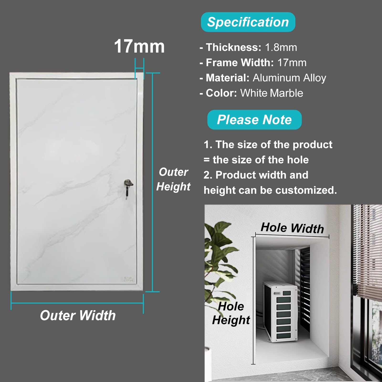 Puerta de Inspección Puerta de Acceso Empotrada con Cerradura, Mármol, Puerta de Servicio con Panel de Acceso, Tapa de Orificio de Pared para Cableado/cables/HVAC, Puerta de Inspección Metálica(40x40c