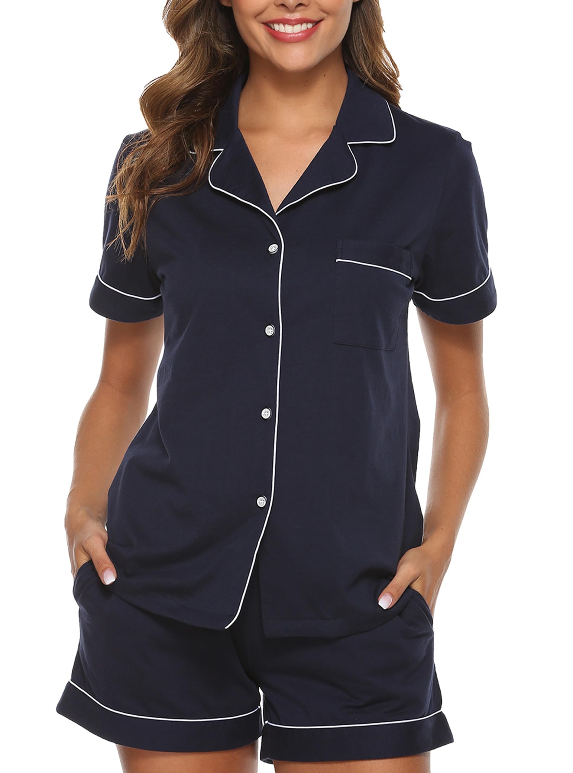 EA'S SECRET 100% Baumwolle Damen Pyjama Sommer V-Ausschnitt Button Schlafanzug Damen Kurz 2-teiliges mit Taschen S-XXL