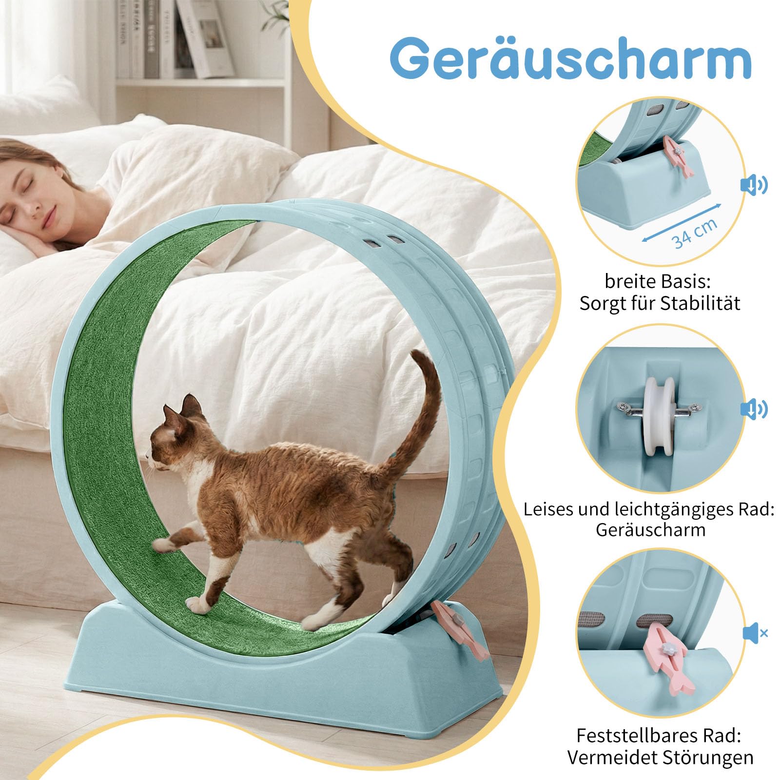 LEADZM Katzenlaufrad 80cm Durchmesser - Laufrad Katze aus Kunststoff, Inklusive Teppich und Katzenspielzeug, stabil und leise - Geeignet für Katzen mit einem Gewicht von höchstens 15 kg (Blau)
