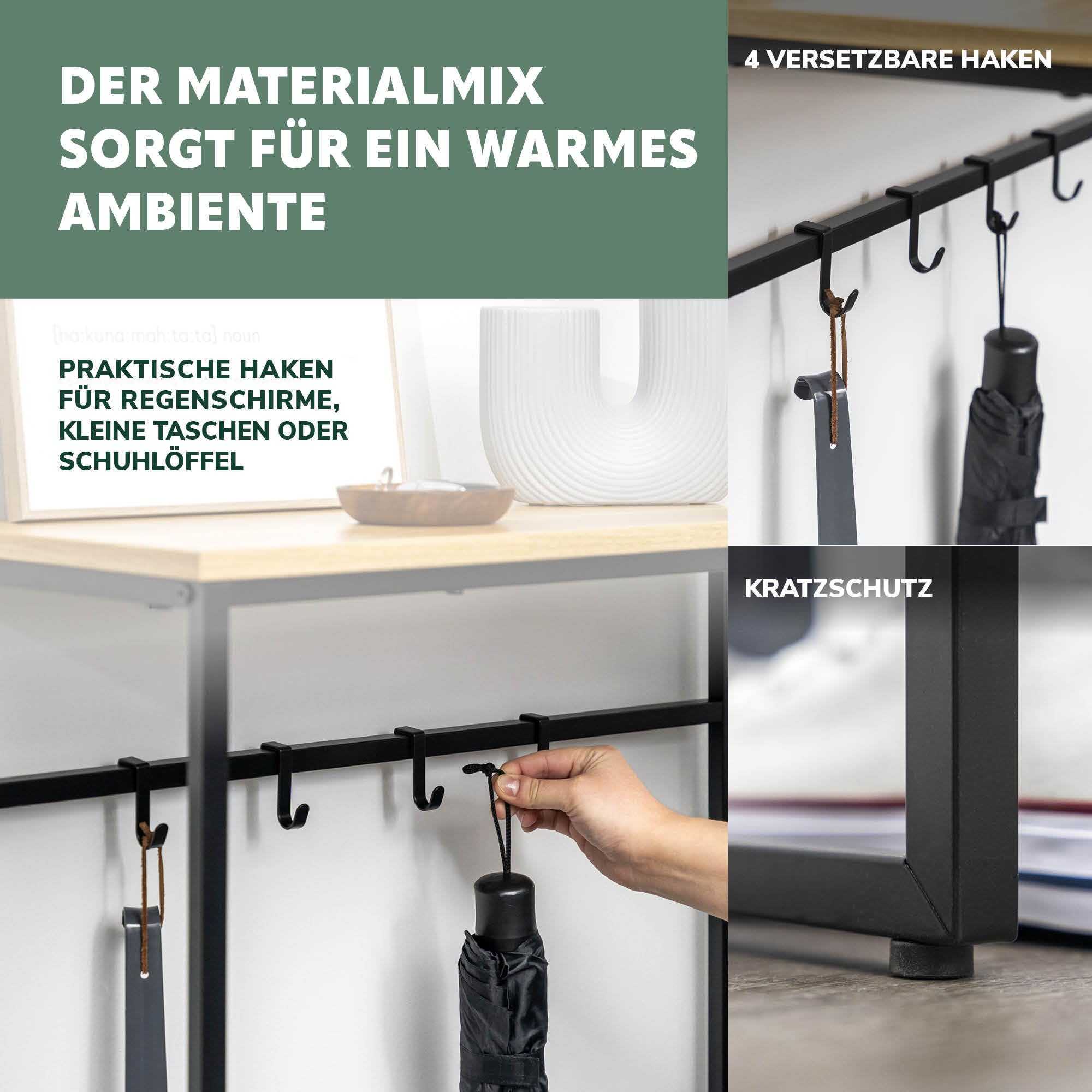 eluno Konsolentisch aus Metall mit 1 Holzablage, höhenverstellbare Füße, 4 Haken, als Beistelltisch oder Sideboard, viel Platz für Bücher, Pflanzen und Deko (Schwarz)