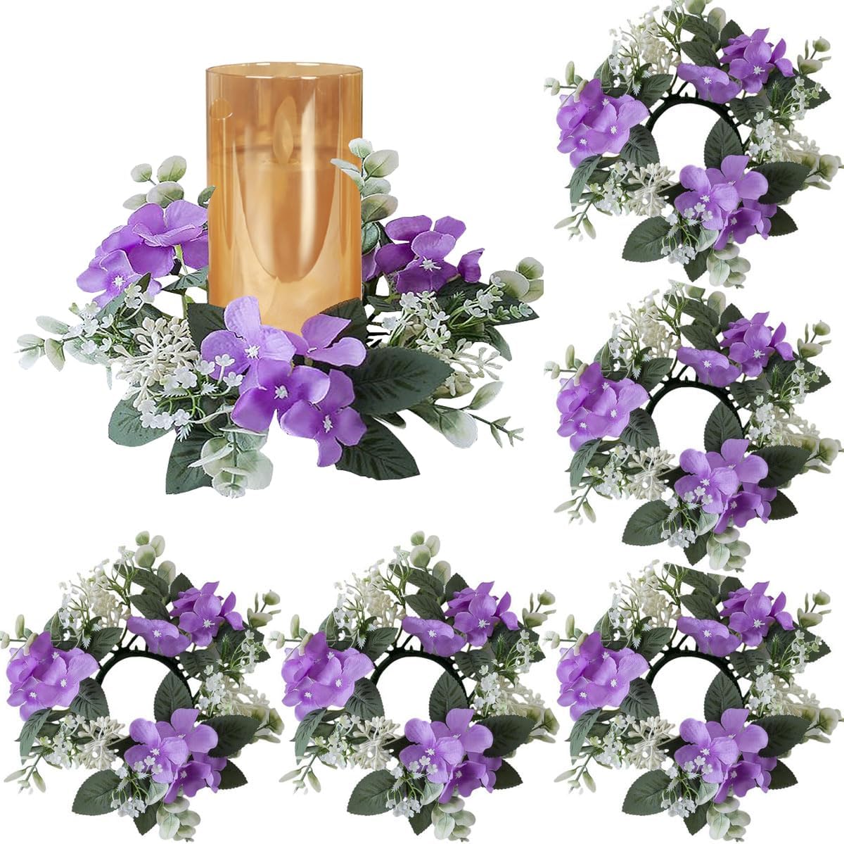 6Pcs Flower Candle Rings Floral Candle Holder Wreath Wedding Candle Rings Small Artificial Floral Wreaths for Wedding Home Party Decoration,Purple