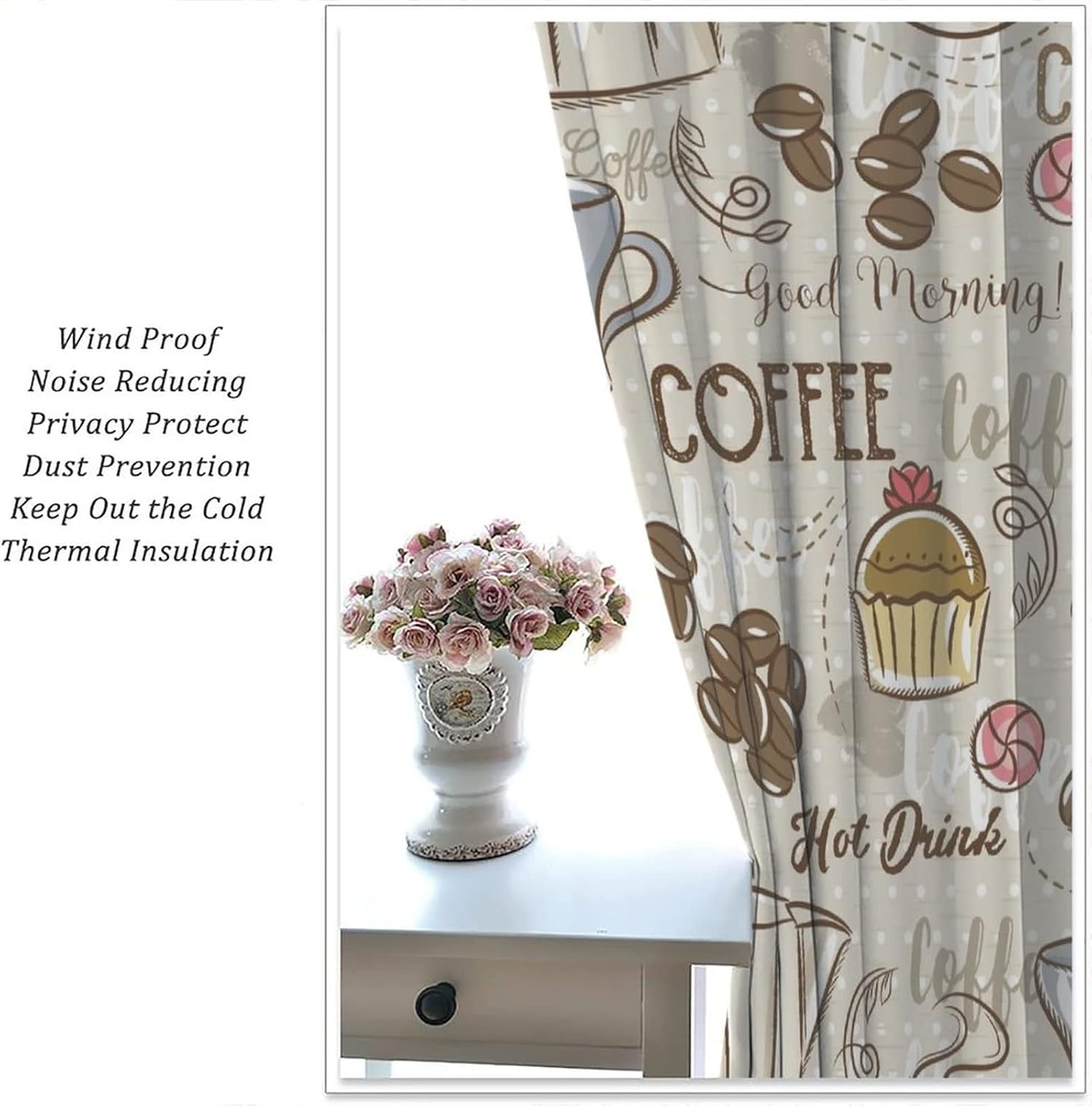 Modern Curtains, Vintage Coffee Maker Coffee Muffin Cup and Beige Background Theme, Living Room Kitchen Rod Pocket Window Trim Curtains, 2 Sets of Panels, 42x45 in.