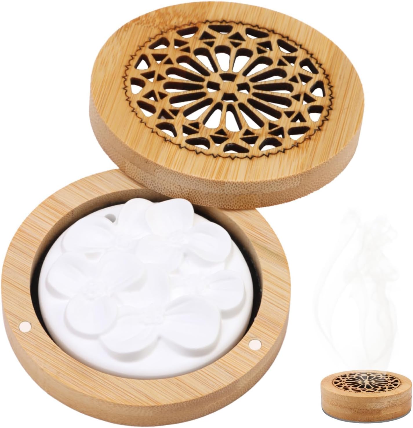 Novstuf Diffuser Important Oils Aroma Stone Set for Aromatherapy in Bed room, Lavatory, Automotive, Workplace, White Plaster & Wooden, Candle Mild