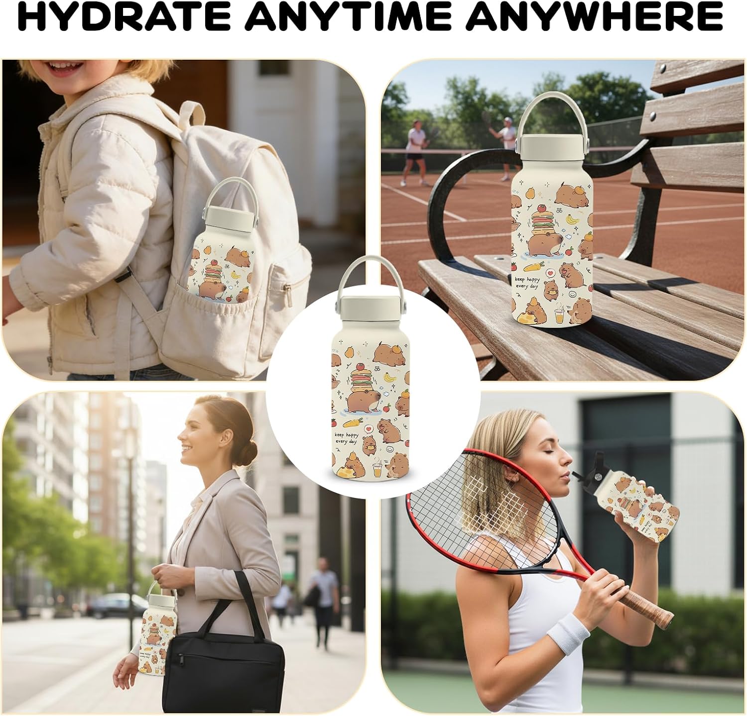 Gifts for Capybara Lover, 25oz Capybara Water Bottle with Straw Lid & Direct-drink Lid- Cute Kapibara Insulated Water Bottles, BPA-free Leakproof Sports Waters Bottle for School Travel, Gift Cup
