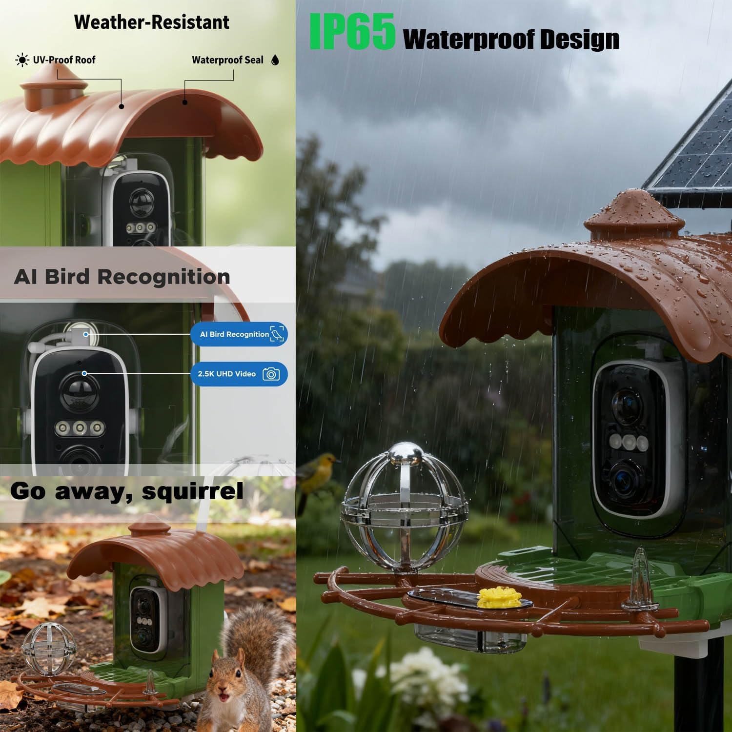 Bird Feeder with Camera, Smart Bird Feeder Camera with AI Identify BirdSpecies, Solar Powered, Instant Alerts, 2K HD Video, Various DIY Addons, 2.4G WiFi, Gift for Mom Dad and Birdlover (Green)