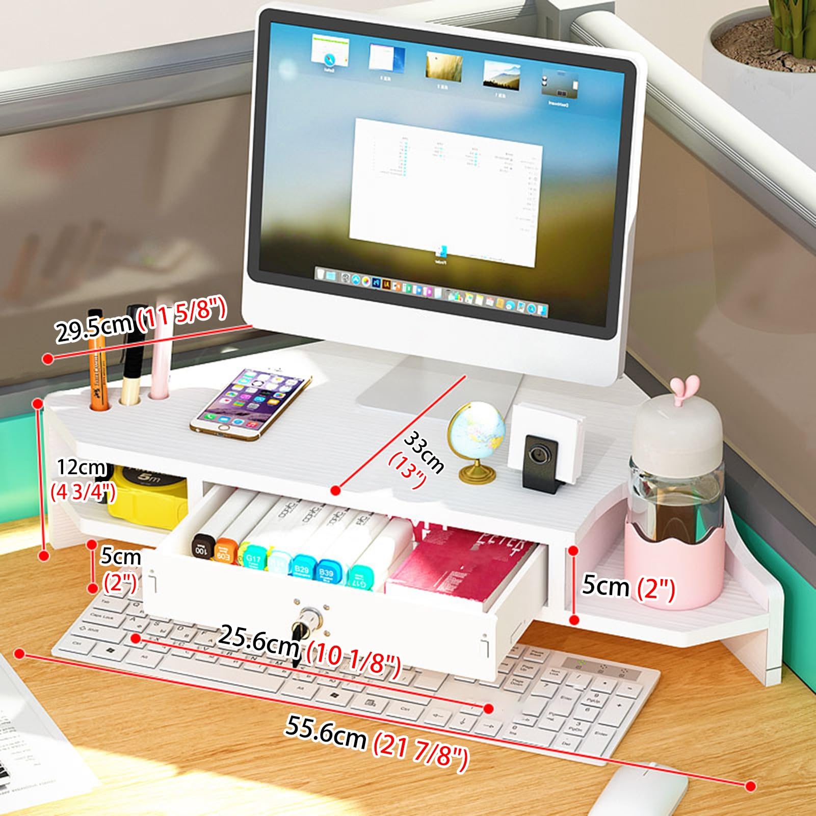Supporto per monitor e computer portatile con contenitore, design a triangolo a 2 ripiani, per PC, TV, tablet, ideale per organizzare la scrivania in casa o in ufficio