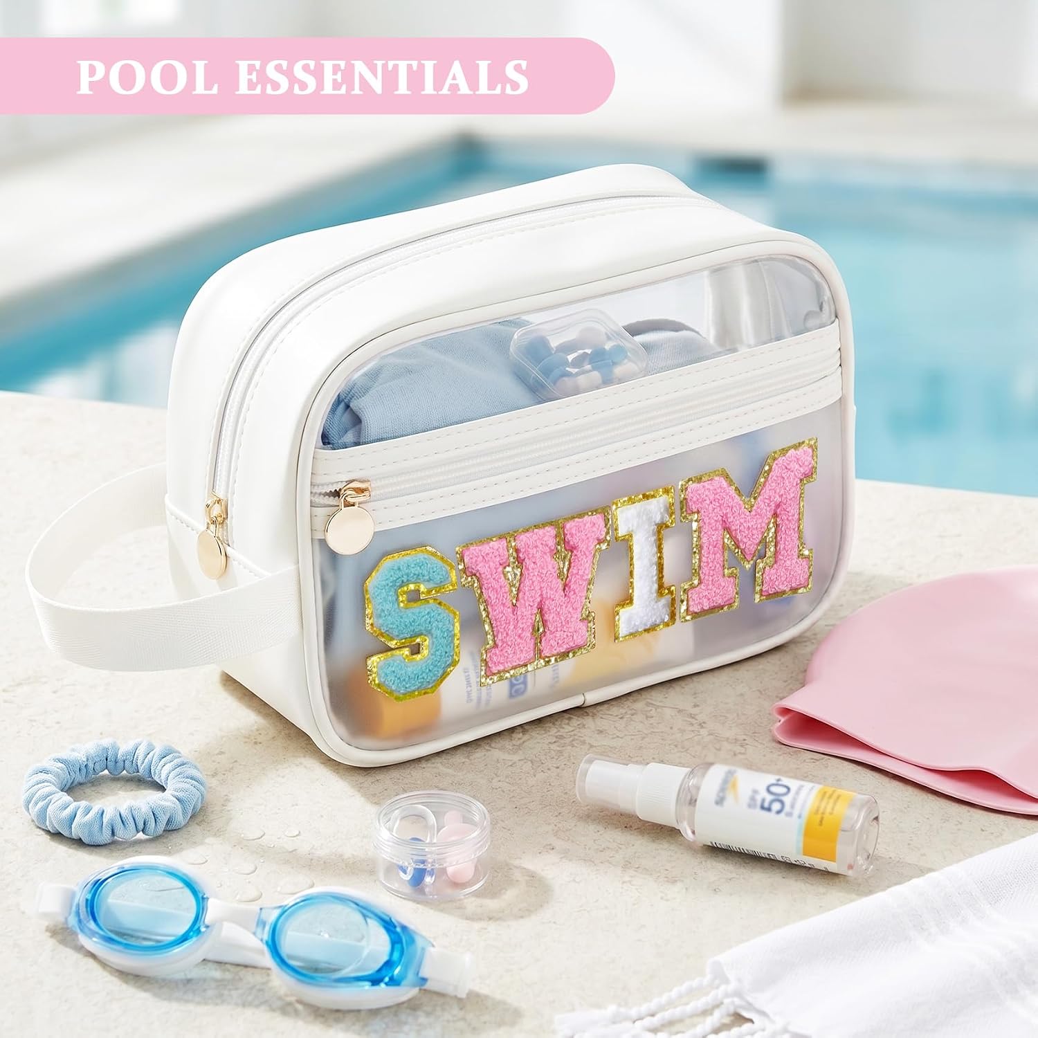 COSHAYSOO Clear SWIM Bag Waterproof Valentines Grab Bag Gifts for Women Teen Girls Swimmer Team Coach, Swimming Pool Accessories Organizer Transparent Makeup Toiletry Bag Beach Travel Cosmetic Pouch