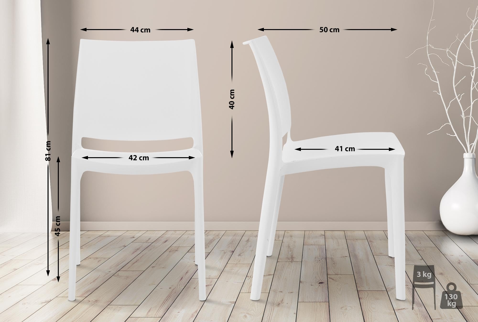 CLP Set De 2 Sillas Apilables Maya para Exterior Interior I Sillas para El Jardín Impermeables De Plástico con Respaldo, Color:Blanco