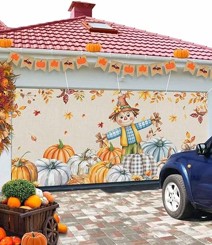 Miniatura 5 de Pancarta para puerta de garaje de Acción de Gracias, 7 x 8 pies, diseño de espantapájaros, calabaza, hojas de arce, lino, decoración de puerta de