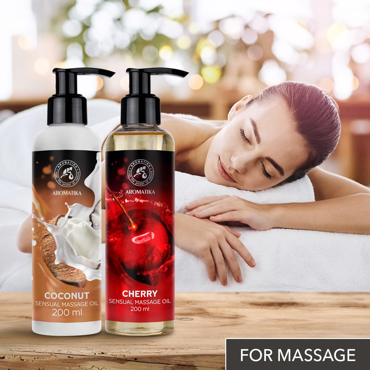 Huile de Massage Sensuelle Set Coco & Cerise 2x200ml - Comestible - Naturelle - Relaxante