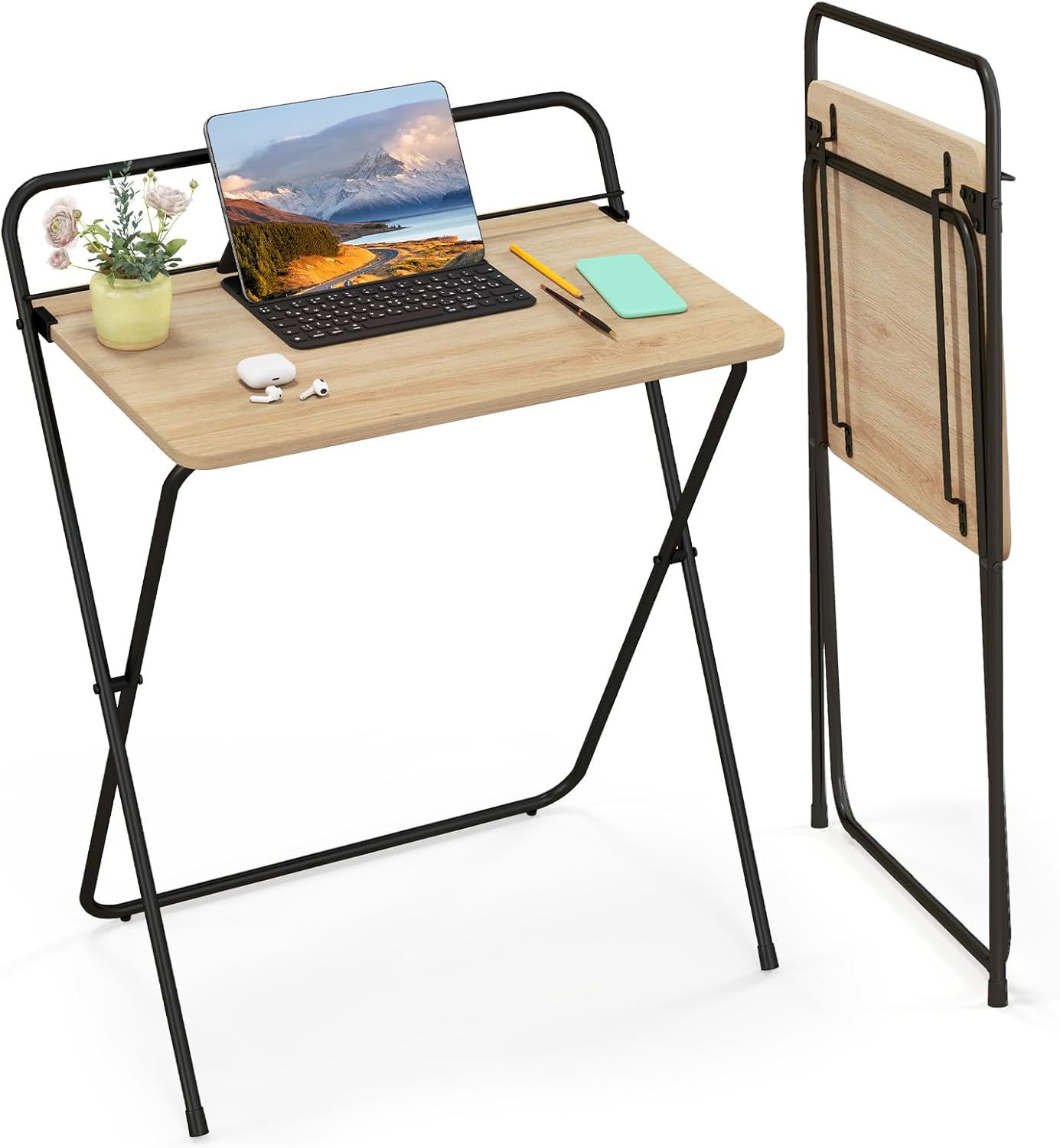 COSTWAY Folding Computer Desk, NoAssembly Simple PC Laptop Table Writing Workstation, Wooden