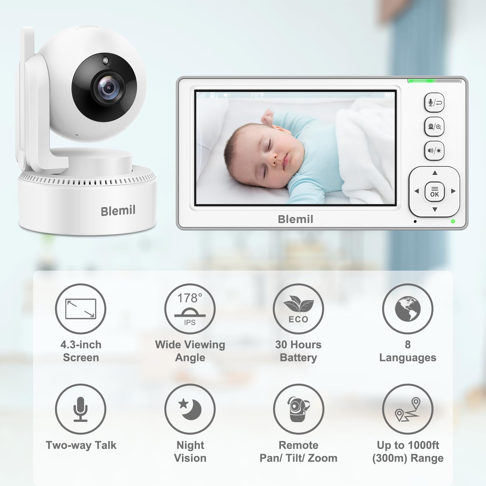 Blemil Babyphone, 4.3 ''Sreen mit 29-Stunden-Akku, Schwenk-Neige-Zoom-Video-Babyphone mit Einer Kamera und Audio, Infrarot-Nachtsicht, ECO, 2-Wege-Gespräch, 8-Lullabies, Kein WLAN