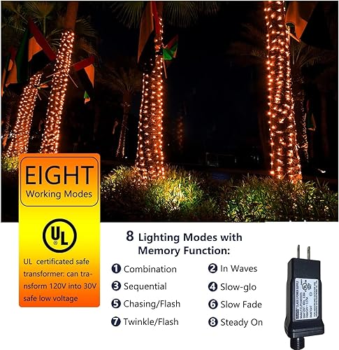 Miniatura 5 de Guirnalda de luces naranjas de Halloween, 200 luces LED de 66 pies, 8 modos, luces de Halloween, con certificación UL, conectables, para el hogar,