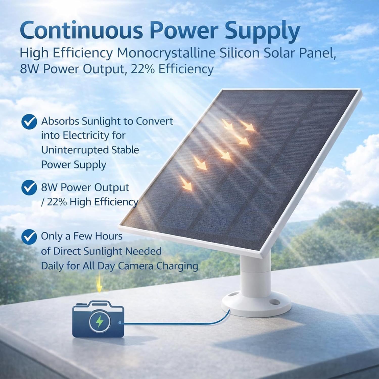 8W Solar Panel Charger for Security Camera, IP66 Outdoor Camera Solar Panel with 9.84ft Cable and 360° Adjustable Mount for Battery Protection Fast Charging for Bird Feeder