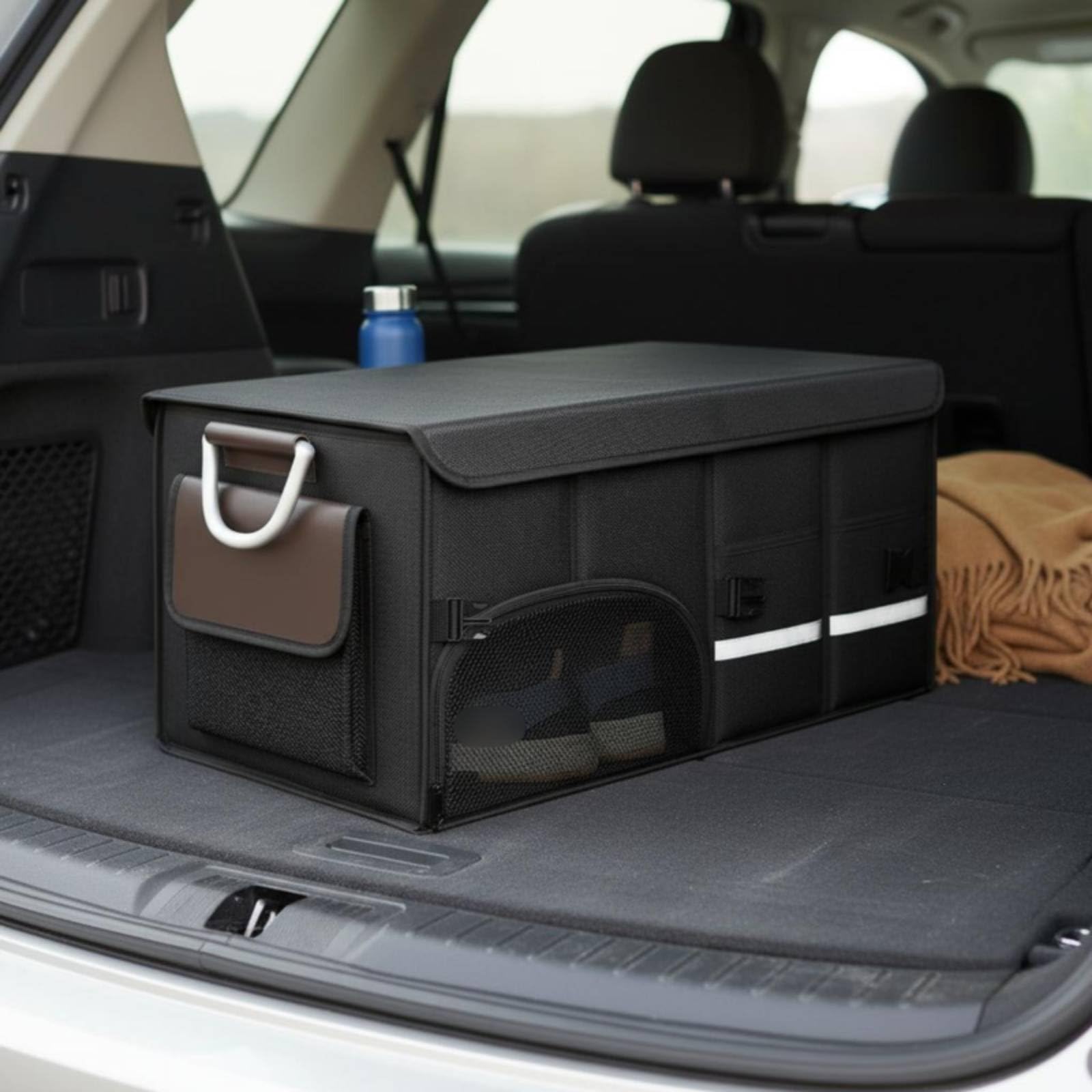 Faltbarer Kofferraum-Organizer mit Deckel Auto-Aufbewahrungsbox strapazierfähig Faltbox Kofferraum für Camping, Braun, 72L