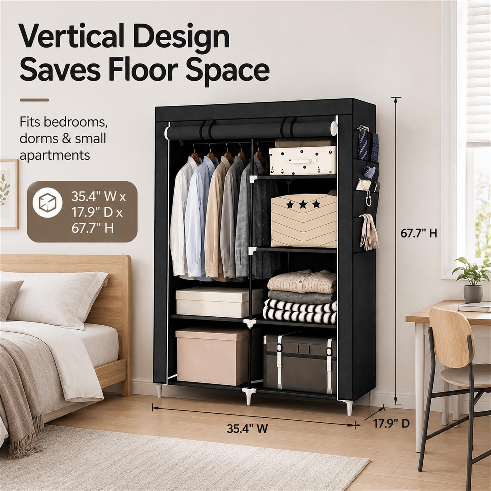 GOOGO Armoire en tissu, armoire portable 90 x 45,5 x 172 cm avec 2 zones de suspension, étagères réglables, 6 poches latérales et housse à fermeture éclair, pour chambre à coucher et appartement (noir