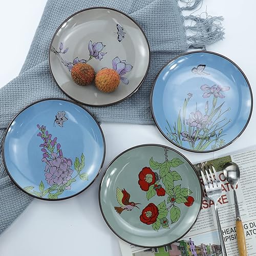 Miniatura 5 de Plato de porcelana de 6 pulgadas, plato de postre para banquete, patrón de flores y mariposas, juego de 4