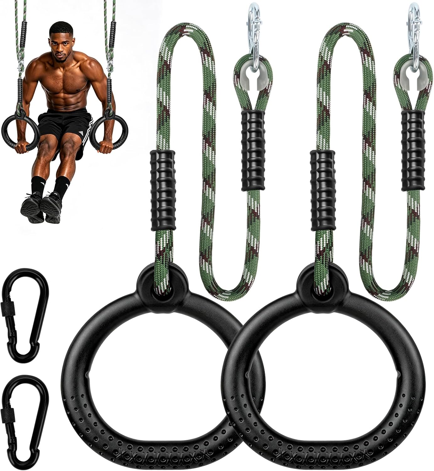 ZueZure 2 Pack Ninja Gymnastic Rings, Adjustable Length Rope, Non-Slip Trapeze Pull Up Swing Rings, Outdoor Backyard Obstacle Course Accessories, Home Gym Workout Equipment for Kids Teens Adults