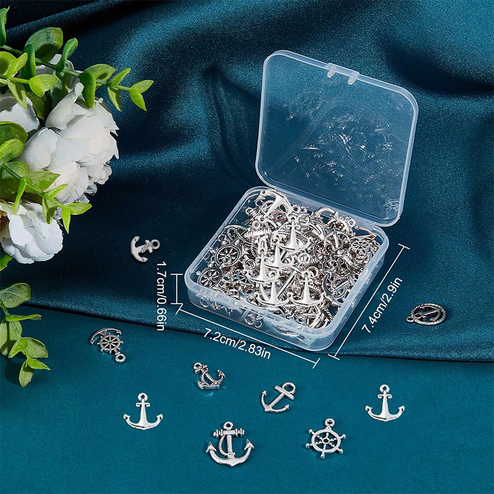 SUNNYCLUE 1 caja de 100 abalorios de Ancla Náutica de Aleación de Estilo Tibetano de 10 estilos, 10 estilos de Aleación de Navegación, Abalorio de Timón, Colgantes de Ancla Marinero para Hacer Joyas,
