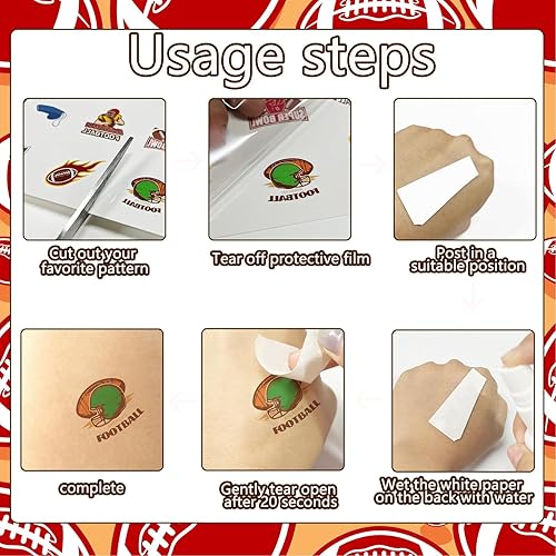 Miniatura 4 de 10 hojas de tatuajes temporales de fútbol, 240 piezas en 97 diseños de tatuajes con temática de fútbol para decoración de fiestas de juegos de fútbol