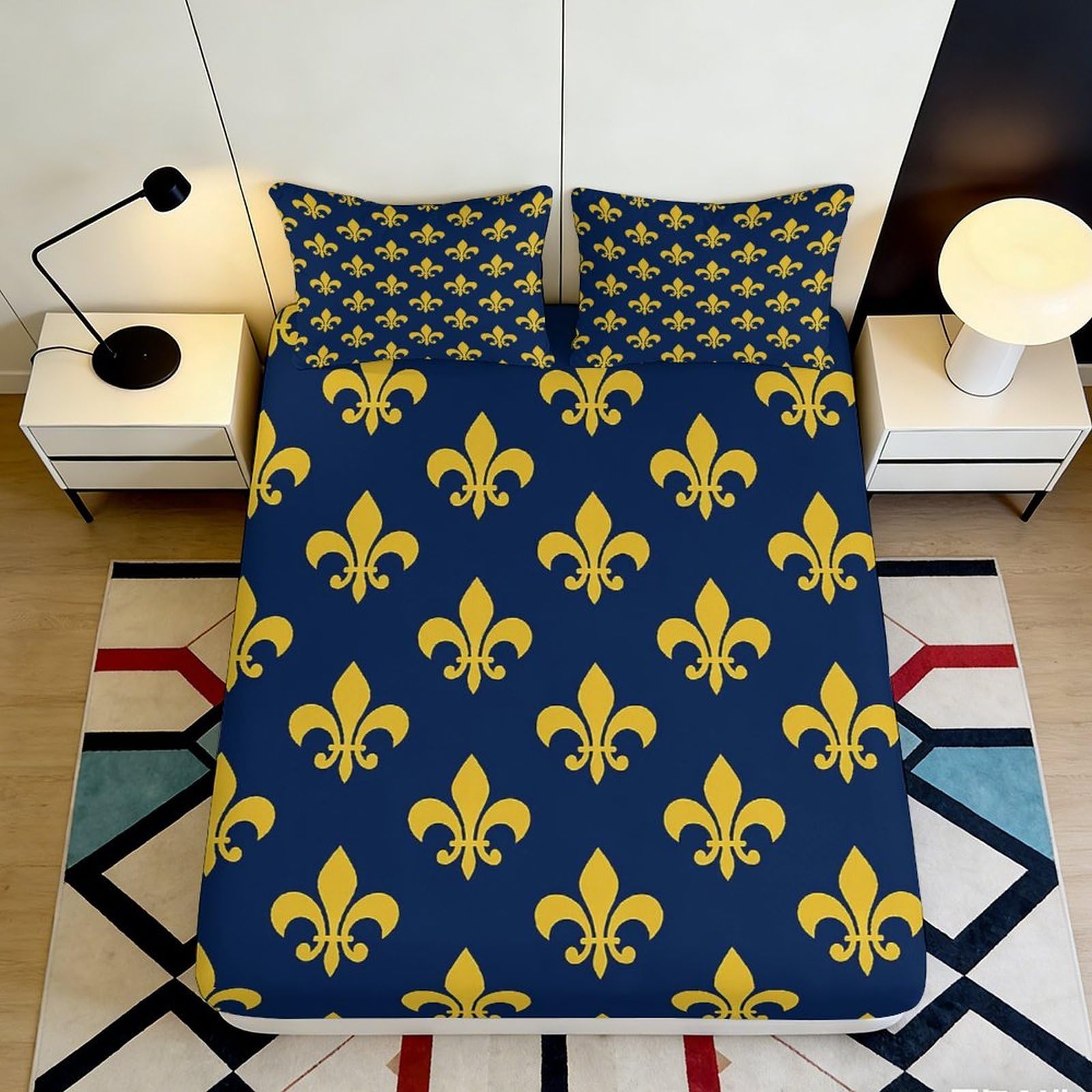 3D Printed Fleur-de-Lis Pattern Fitted Sheet Microfiber Soft Blue Gold Bed Sheet for Bedroom Dorm Mattress Decor 90x200x25cm
