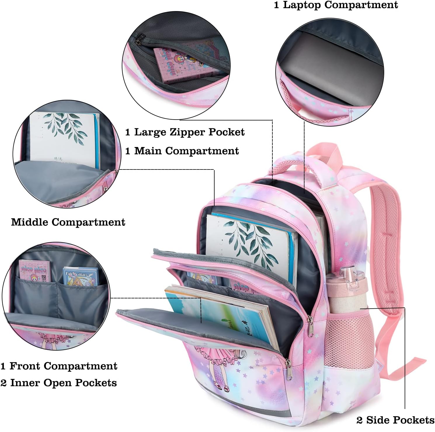 YCBB Kids Backpacks for Girls Princess & Unicorn School Backpack Set with Lunch Tote Bag Lightweight Preschool Kindergarten Elementary School Backpacks