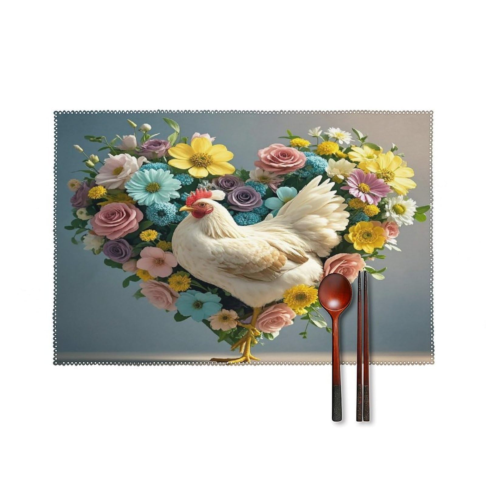 Flower Heart Chicken Placemats Set of 6 Heat-Resistant Washable Place Mats Wipeable Kitchen Placemat Easy to Clean for Indoor Outdoor Party Kitchen Decoration
