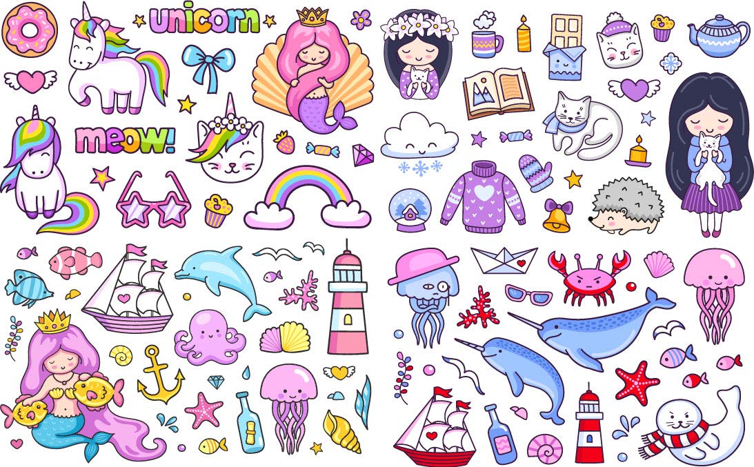 Wall4Stickers Pegatinas de Unicornio Niñas Niños Laptop Niños Scrapbook Diario Álbum Calcomanías Guardería Pegatina Sirena Bomba Doodle Arte