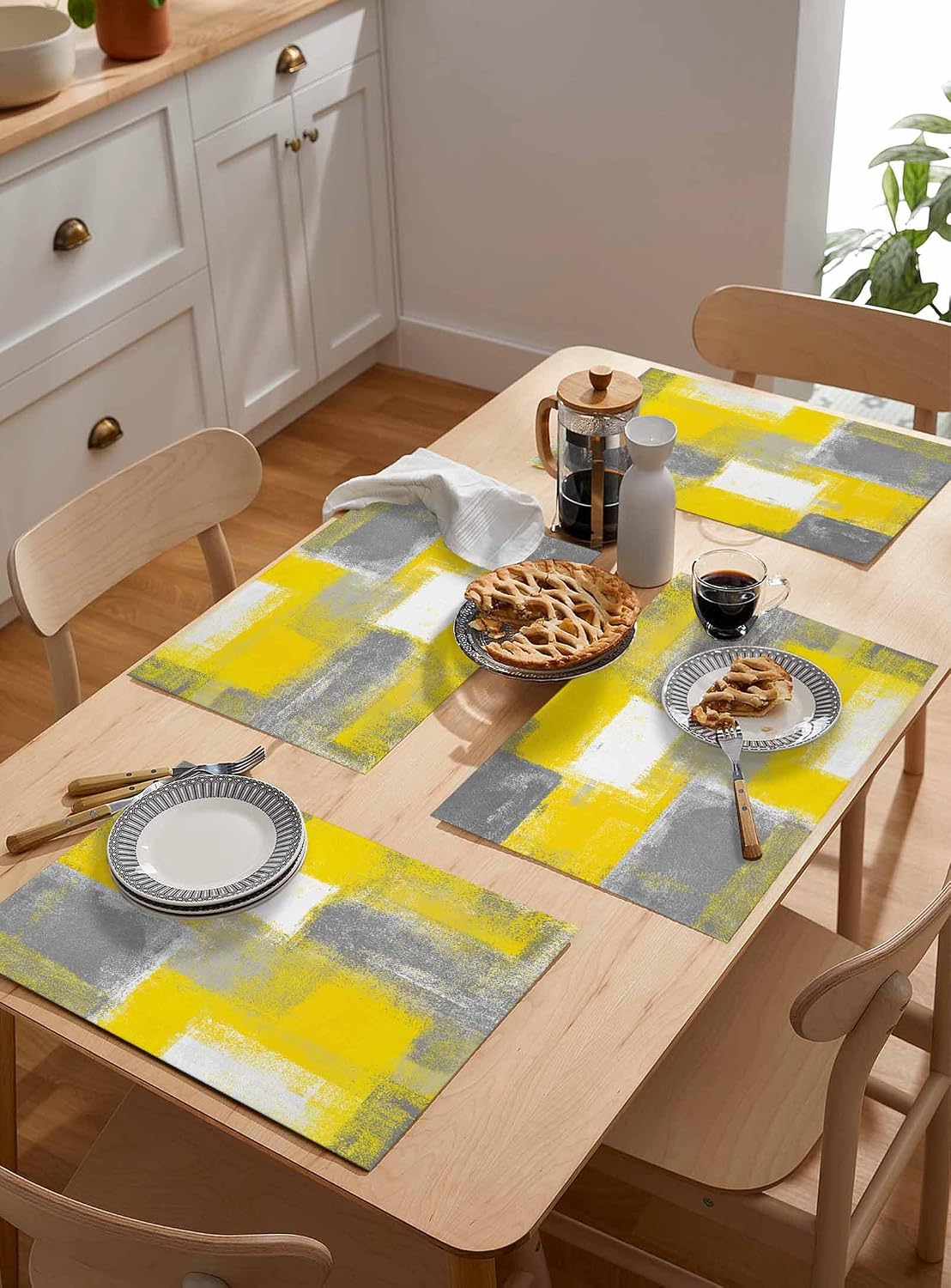 Yellow Grey Placemats Set of 6 Abstract Art Vintage Oil Painting Rustic 13x19 Inch Washable Non Slip Linen Table Mats, Rustic Summer Placemats for Dining Table Party Kitchen Decor