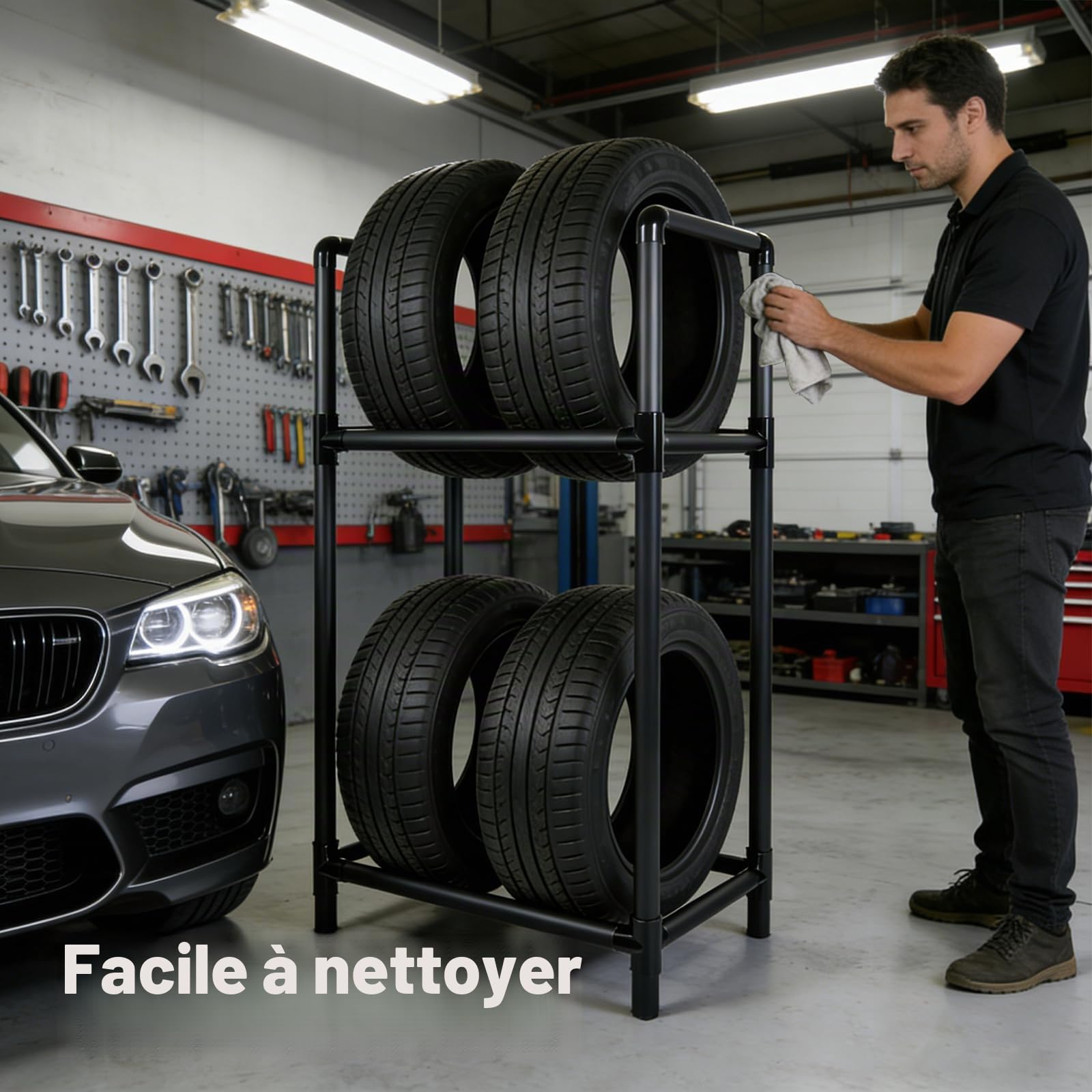 Porte-pneus pour 4 Pneus, Étagère de Rangement pour Pneus Réglable en Hauteur, Structure en Acier Robuste, Support de Rangement pour Garage & Atelier (57,2 x 37,3 x 114,6 cm)