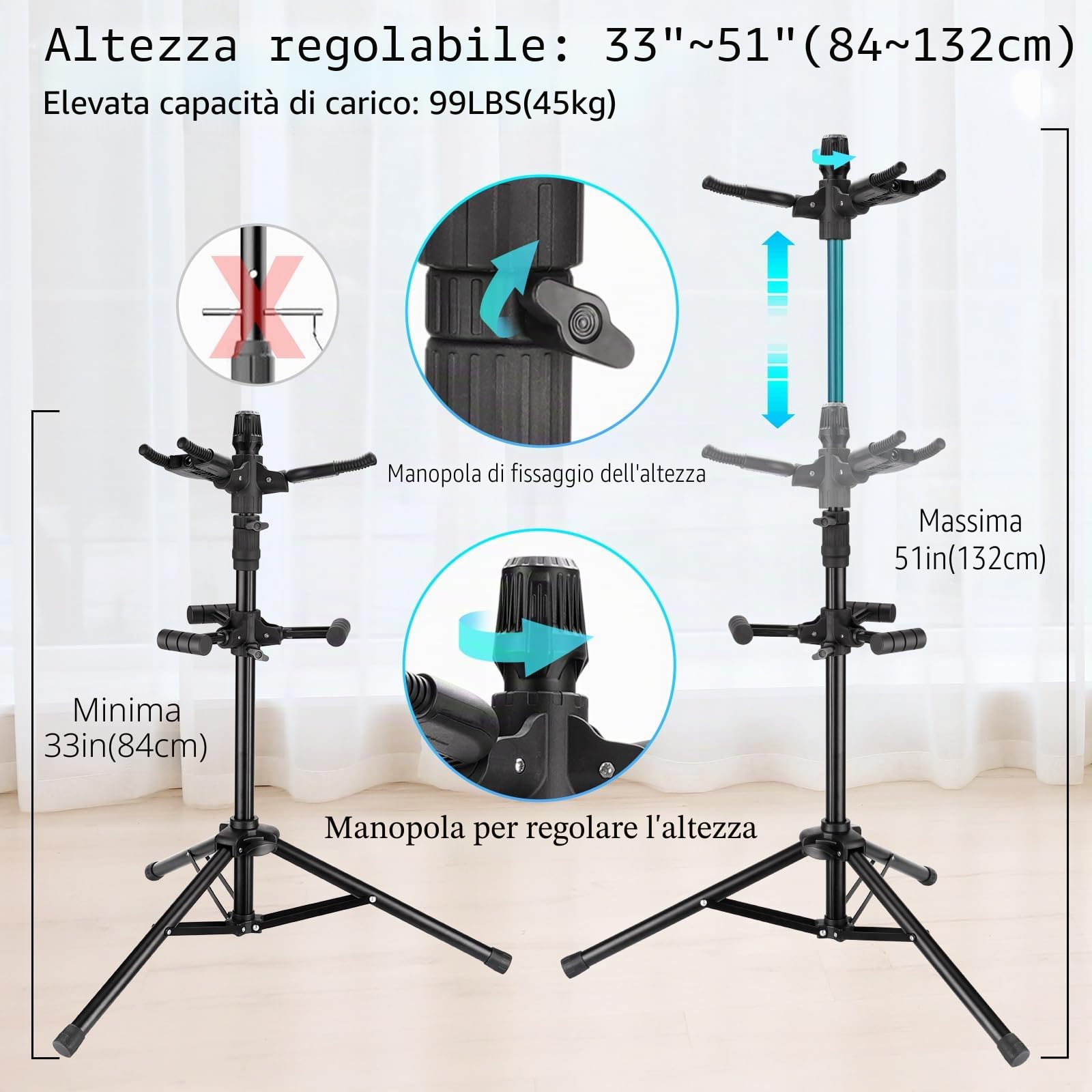 GUITTO Supporto Triplo per Chitarra da Pavimento Universale per Chitarre Acustiche, Elettriche, Bassi, Banjo, Pieghevole, Multi Supporto per Chitarre GGS-06T